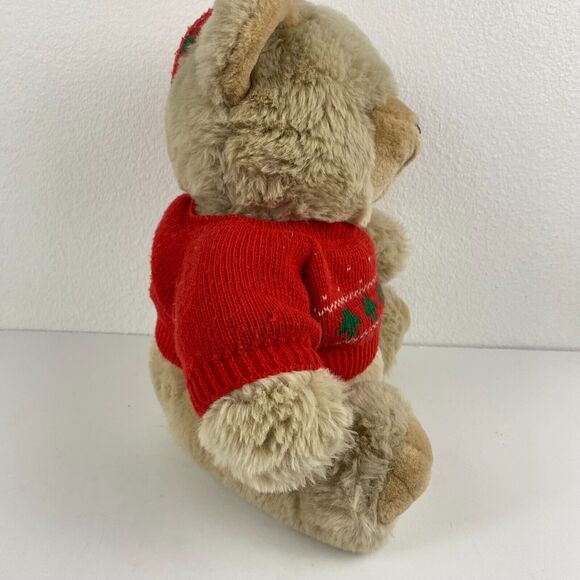 14" Vintage Tan CHRISTMAS TEDDY BEAR Stuffed Animal Plush Brown Windsor Toys Hat - Picture 8 of 11